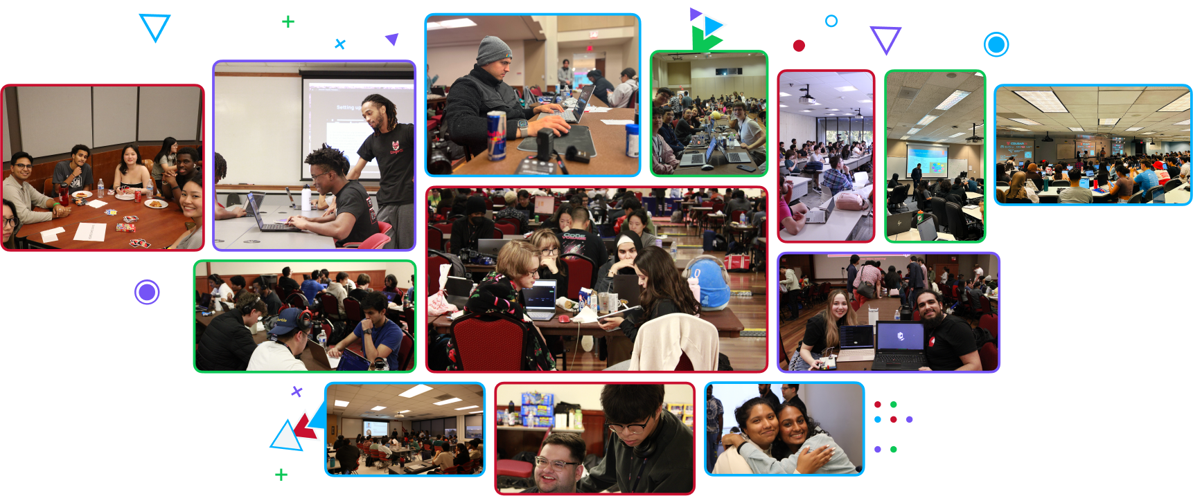 A collage of people collaborating, attending presentations, and socializing, framed with colorful borders and geometric shapes.